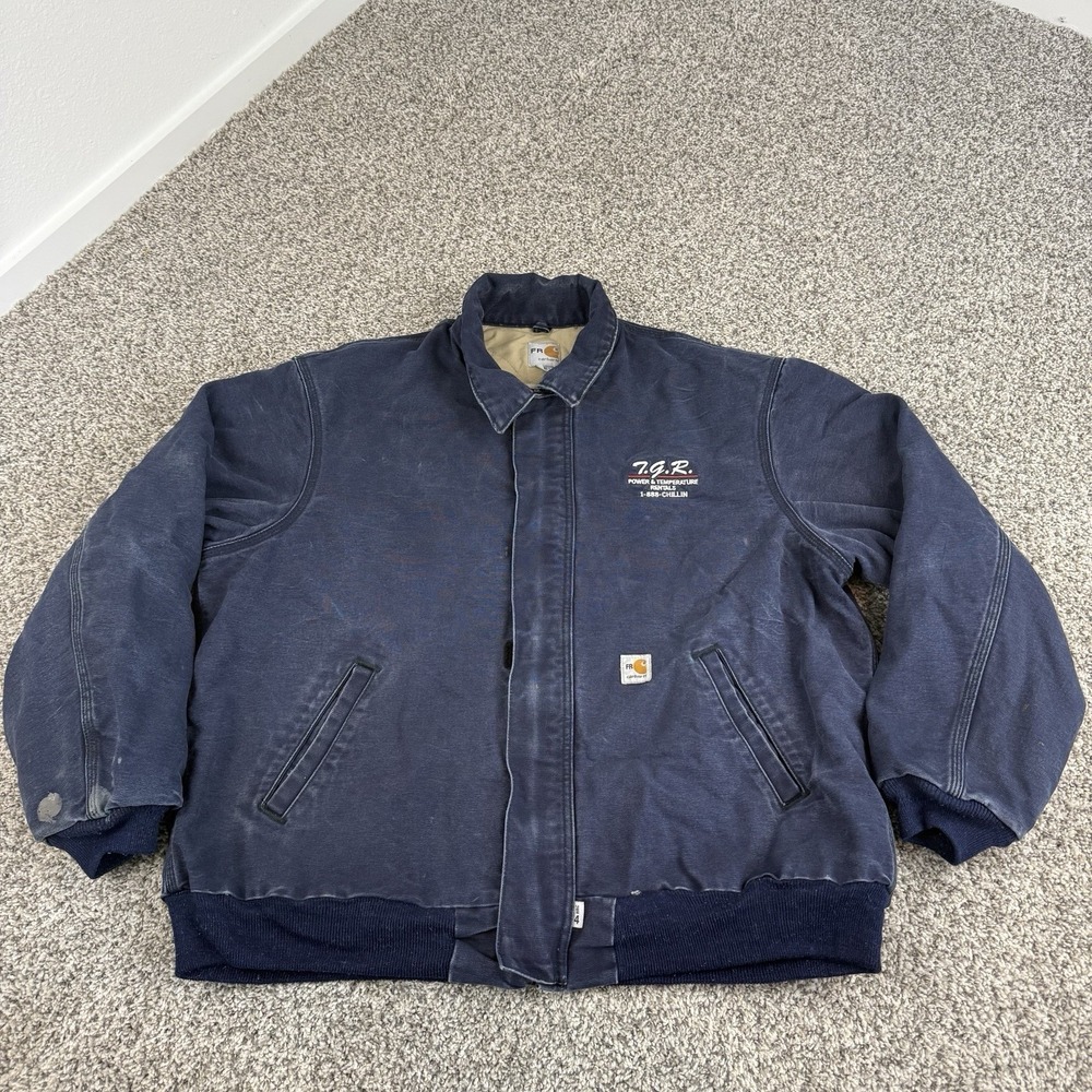 Carhartt FR Jacket Mens XL Navy Duck Canvas Quilted Distressed Work HRC4 USA